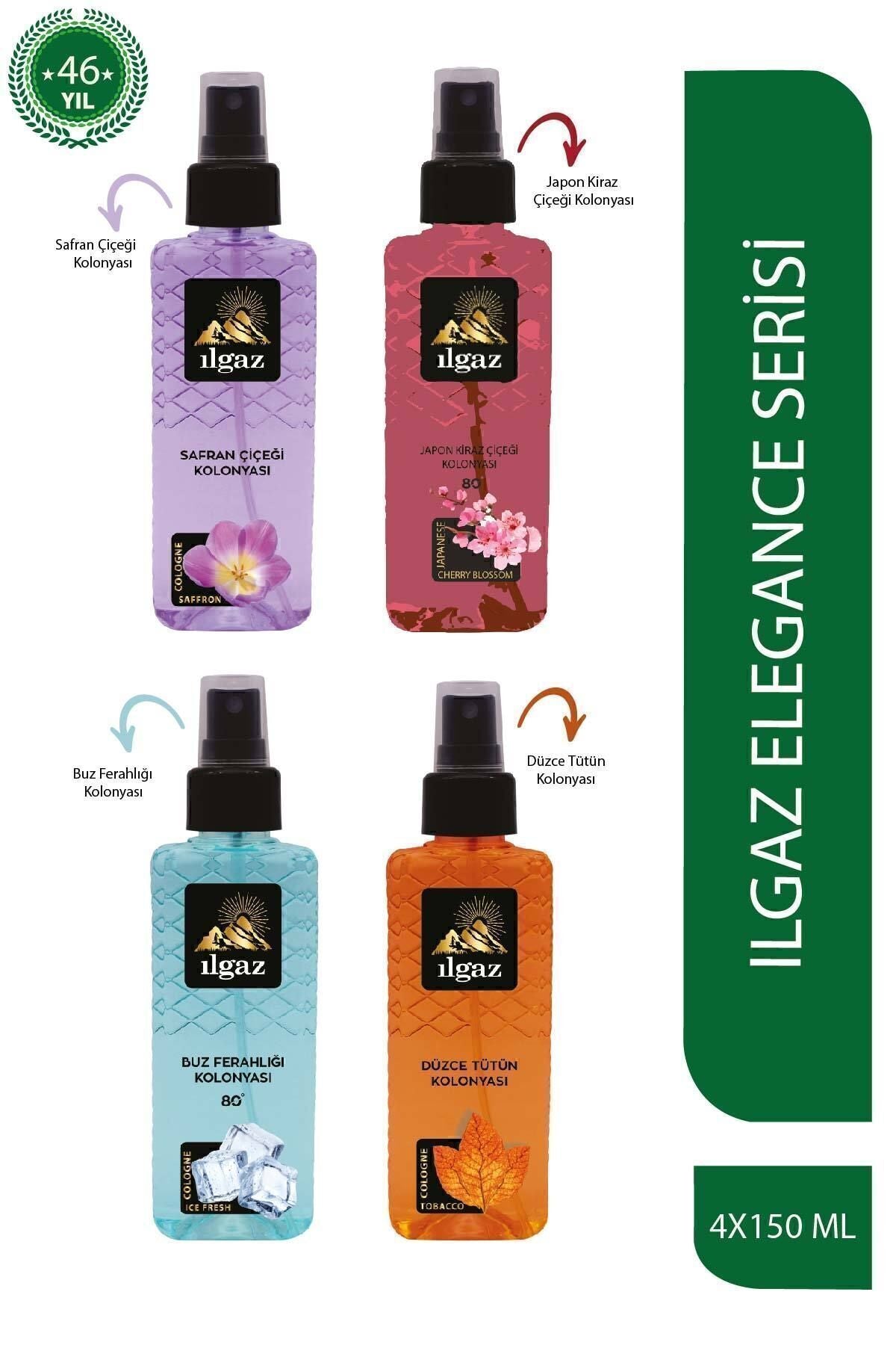 Safran Çiçeği & Japon Kiraz Çiçeği & Tütün & Buz Ferahlığı Kolonyası 150 ml - 4'lü Elegance Series