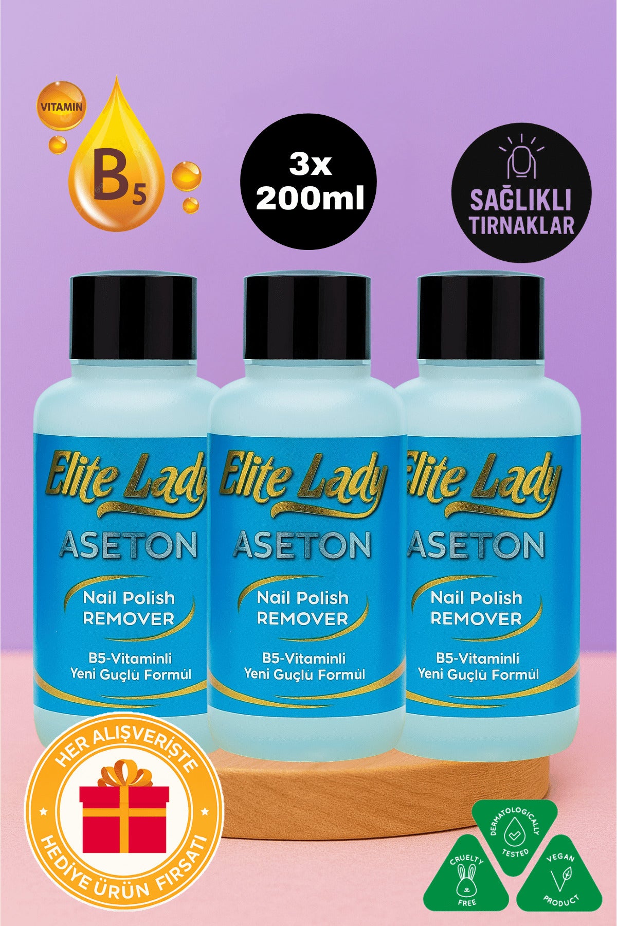B5-vitaminli Oje Çıkarıcı 200 ml | 3'lü Eko Set Tırnak Kırılmalarını Önleyici Aseton