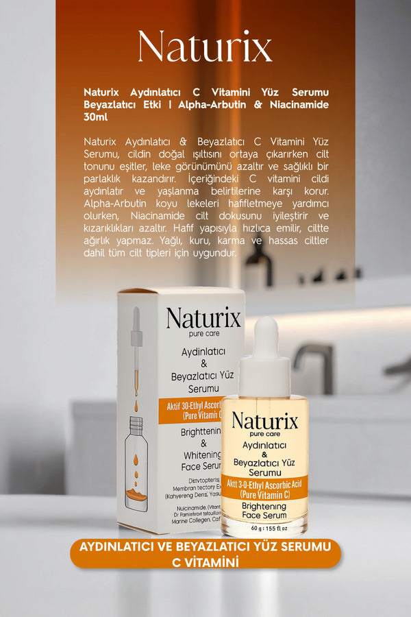 Aydınlatıcı ve Beyazlatıcı Yüz Serumu | C Vitamini | Alpha-Arbutin & Niacinamide | 30ml
