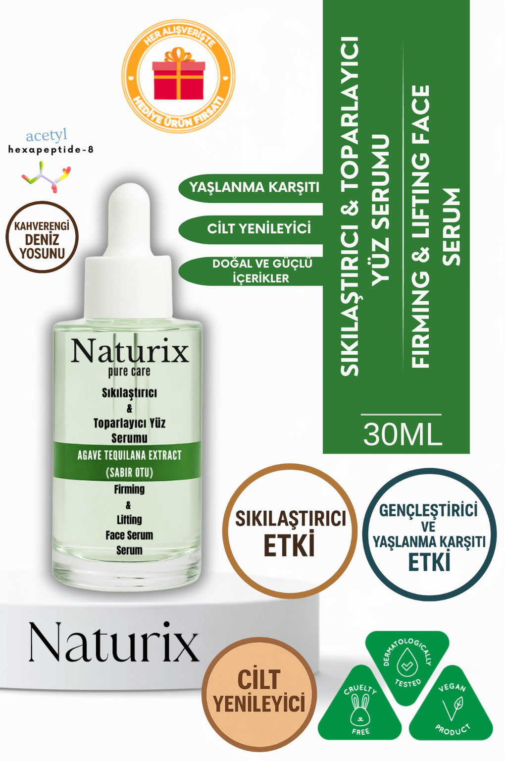 Sıkılaştırıcı & Toparlayıcı Yüz Serumu | Kahverengi Deniz Yosunu & Acetyl Hexapeptide-8 30 ml