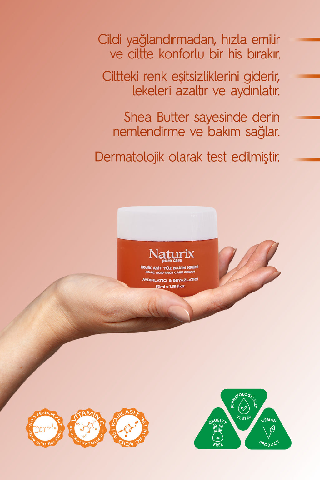 Kojik Asit Yüz Bakım Kremi - Leke Karşıtı, Aydınlatıcı, Cilt Tonu Eşitleyici, Niacinamide 50ml