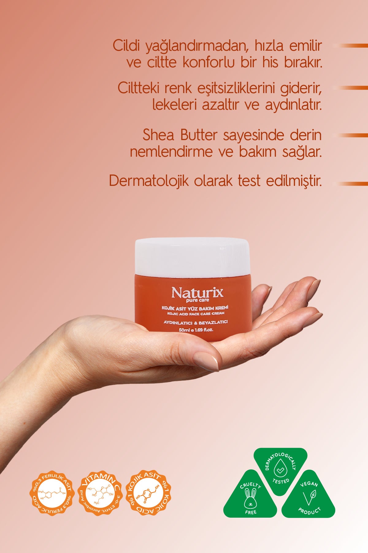 Kojik Asit Yüz Bakım Kremi - Leke Karşıtı, Aydınlatıcı, Cilt Tonu Eşitleyici, Niacinamide 50ml