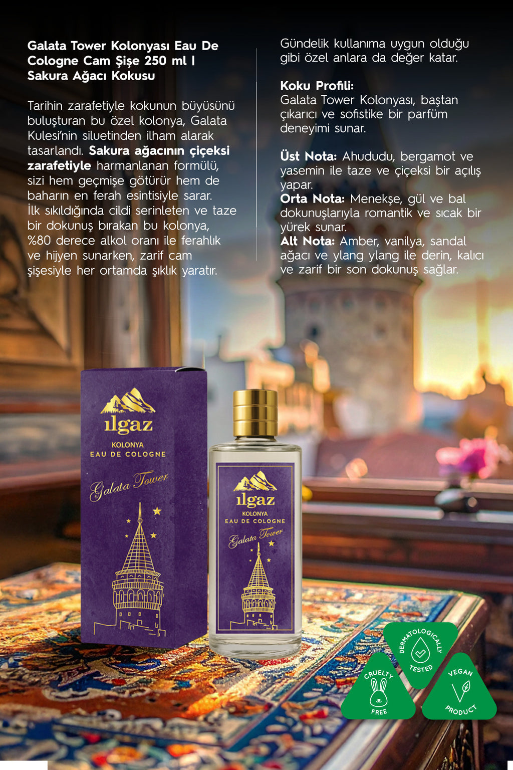 Galata Tower Kolonyası | Eau De Cologne Cam Şişe 250 ml | Türkiye Serisi Sakura Ağacı Kokusu