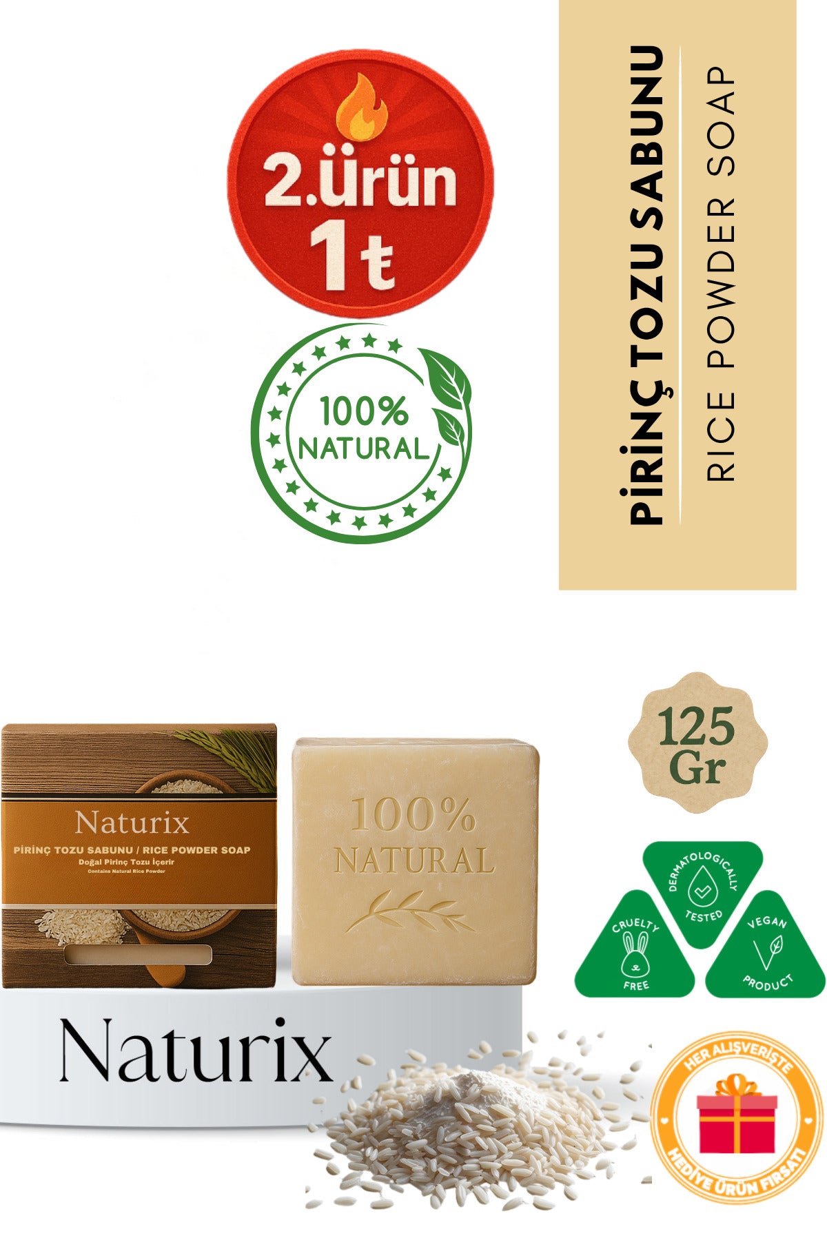 Pirinç Tozu Sabunu 125 gr | Cilt Beyazlatıcı Ve Peeling Etkili Doğal Sabun