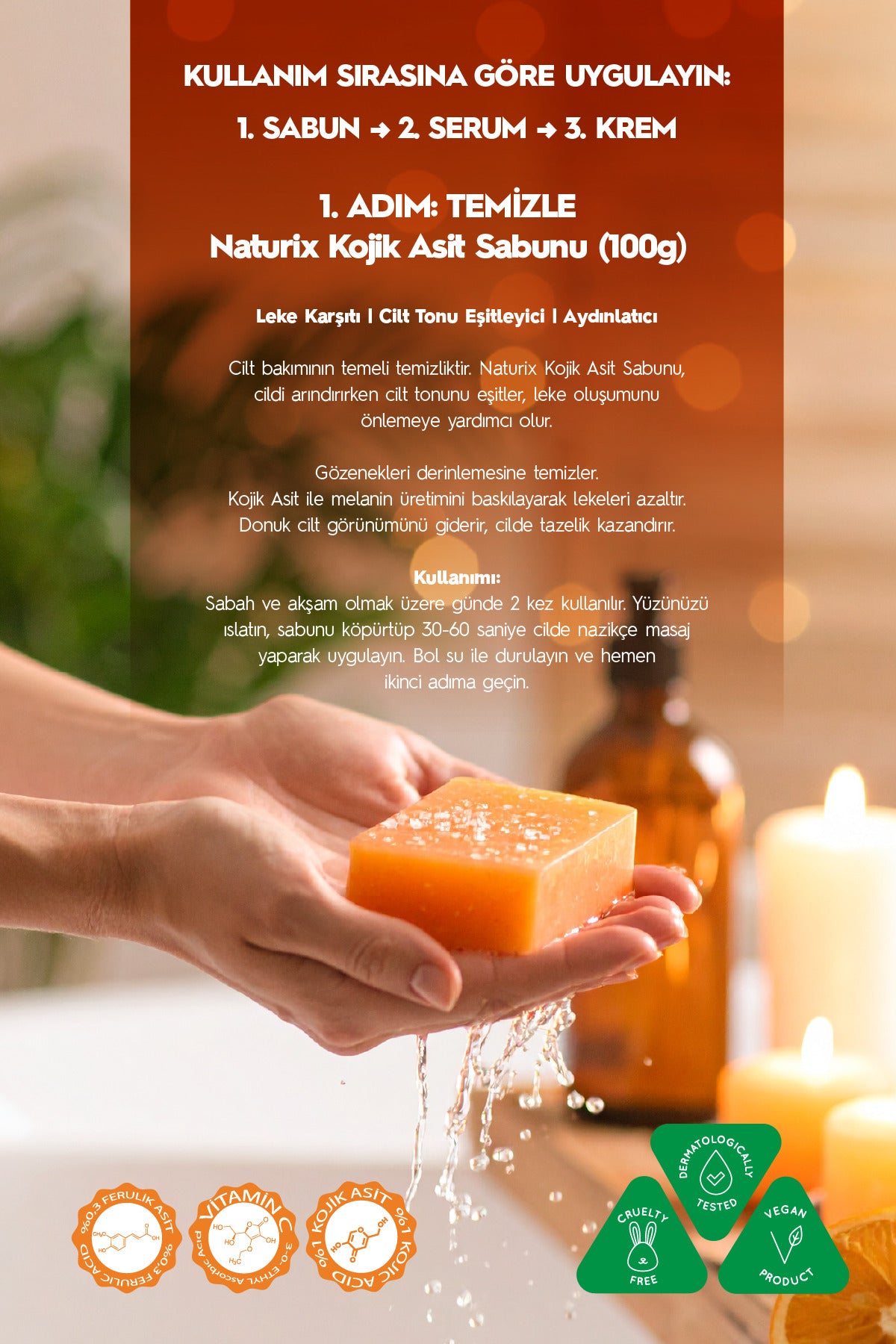Kojik Asitli 3'lü Leke Karşıtı Cilt Bakım Seti | Sabun 100 gr + Serum 30ml + Krem 50 ml