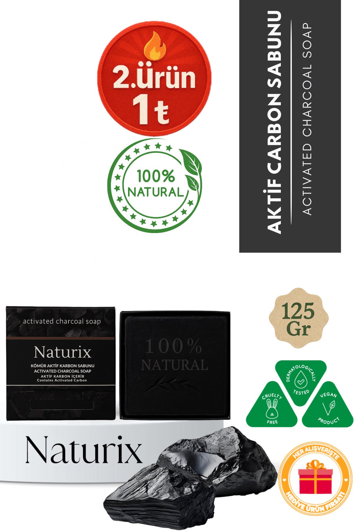 Kömür Sabunu 125 gr | Yoğun Nemlendirici, Aktif Karbon Sebum Dengeleyici & Arındırıcı