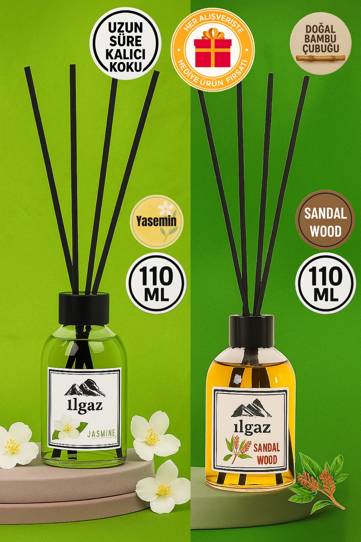 Jasmine Ve Sandal Ağacı Bambu Çubuklu Oda Kokusu 110 ml | 2'li Kalıcı Ve Doğal Ortam Kokusu Seti
