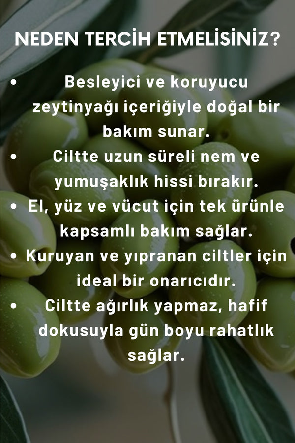 Zeytinyağlı Nemlendirici Krem 250 ml – El, Yüz & Vücut Losyonu Hassas Ciltler Için Besleyici
