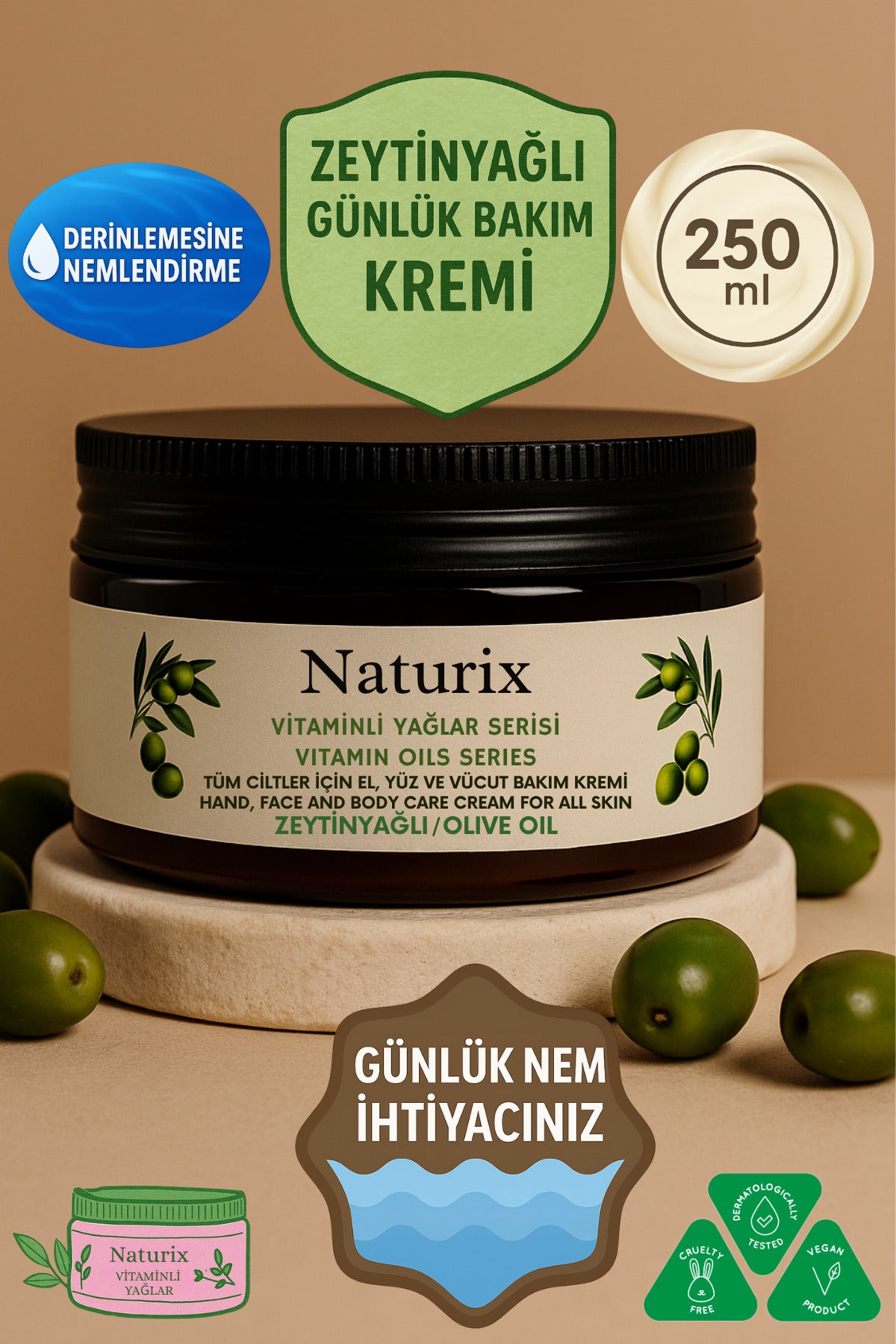 Zeytinyağlı Özlü El, Yüz Ve Vücut Bakım Kremi 250 ml | Vitaminli Yağlar Serisi - Yoğun Nem Terapisi