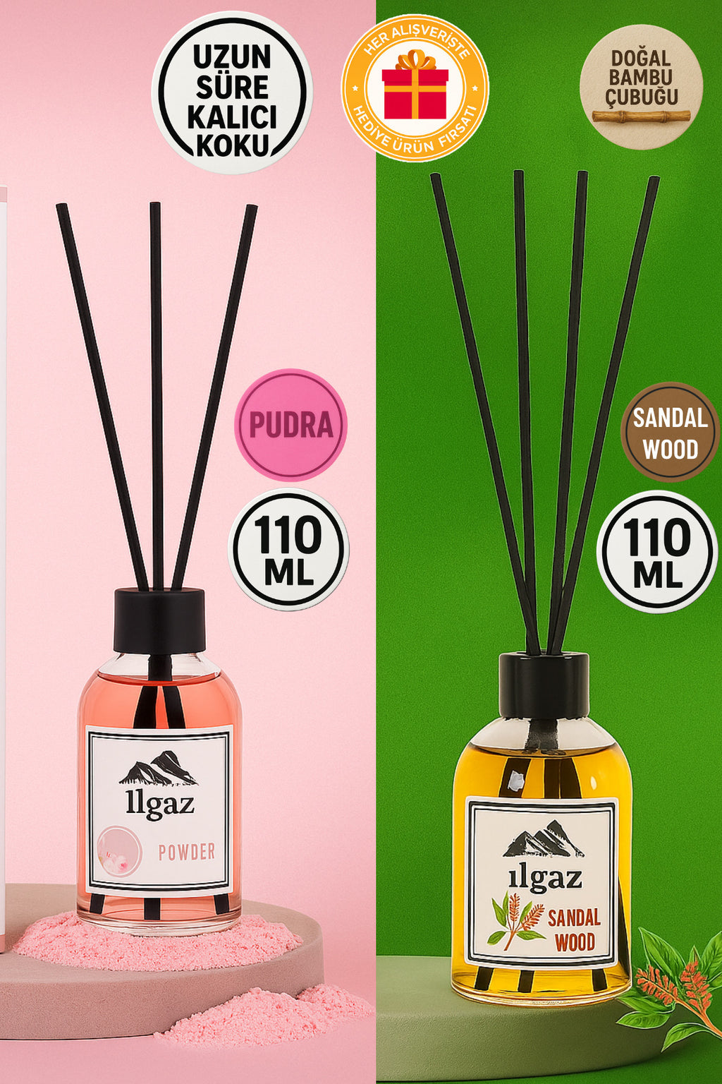 Pudra Bambu Çubuklu & Sandal Ağacı Bambu Çubuklu Oda Kokusu 110ml | 2'li Kalıcı Ortam Kokusu Seti