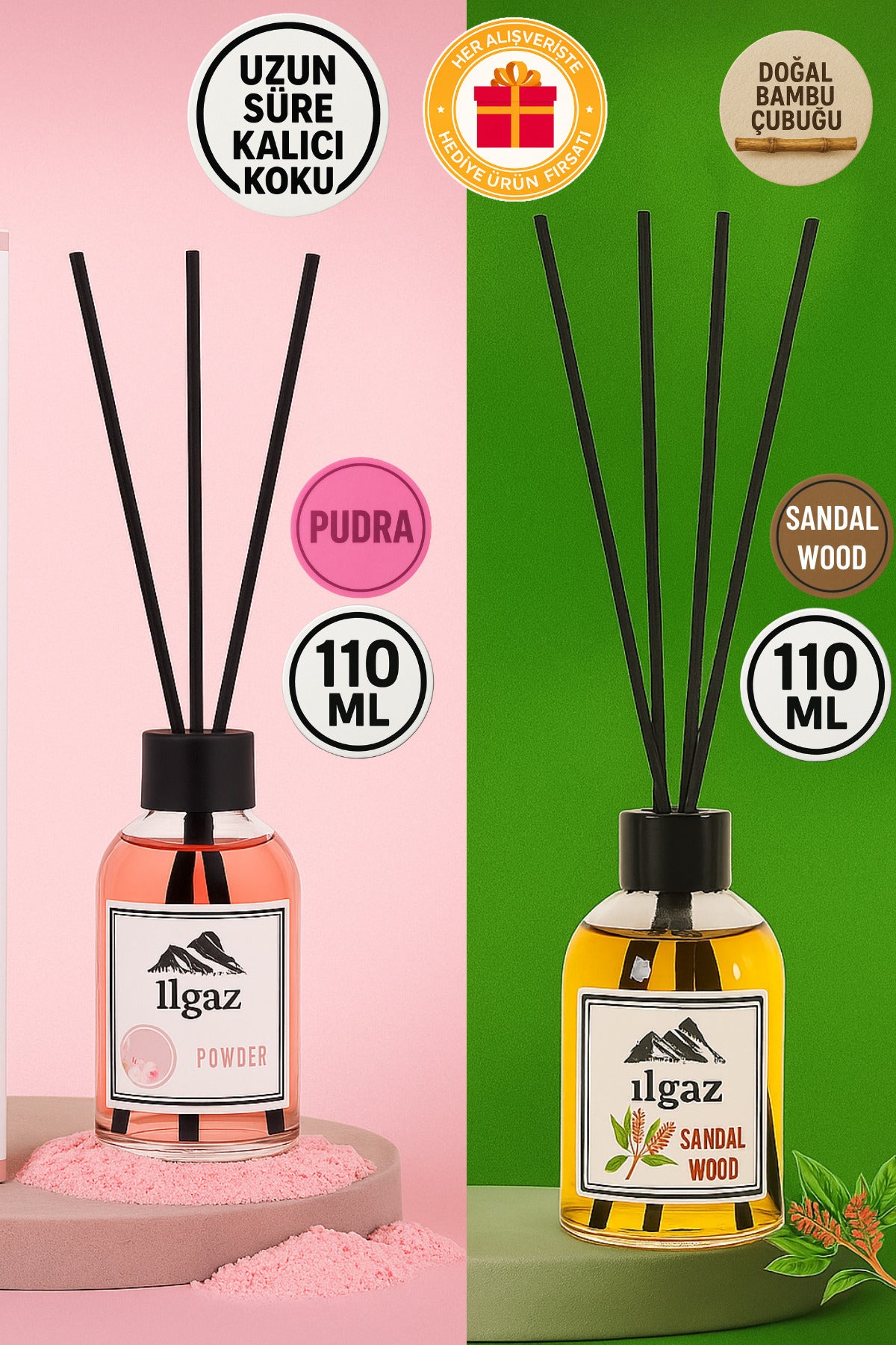 Pudra Bambu Çubuklu & Sandal Ağacı Bambu Çubuklu Oda Kokusu 110ml | 2'li Kalıcı Ortam Kokusu Seti