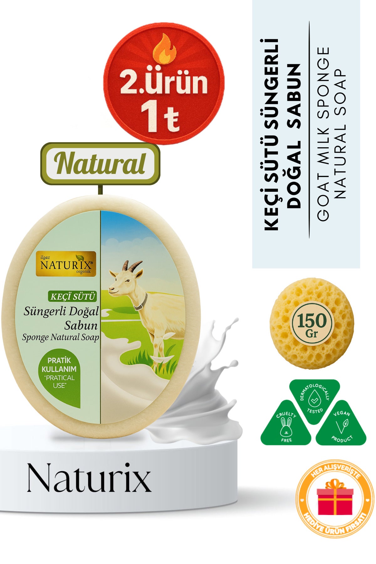 Keçi Sütü Süngerli Sabun 150 gr | Peeling Etkili, Kurutucu, Yenileyici