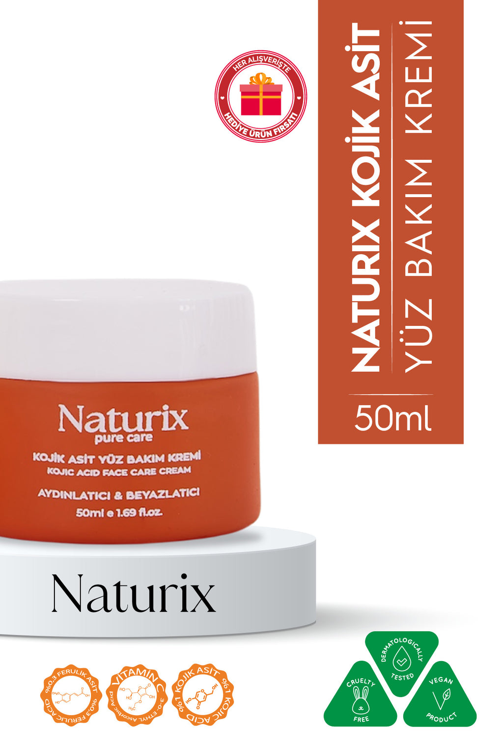 Kojik Asit Yüz Bakım Kremi - Leke Karşıtı, Aydınlatıcı, Cilt Tonu Eşitleyici, Niacinamide 50ml