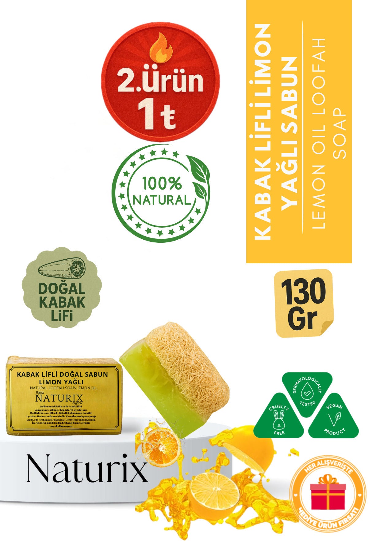 Kabak Lifli Limon Yağlı Sabun 130 gr | Karşıtı, Peeling Etkili Ve Doğal Nemlendirici