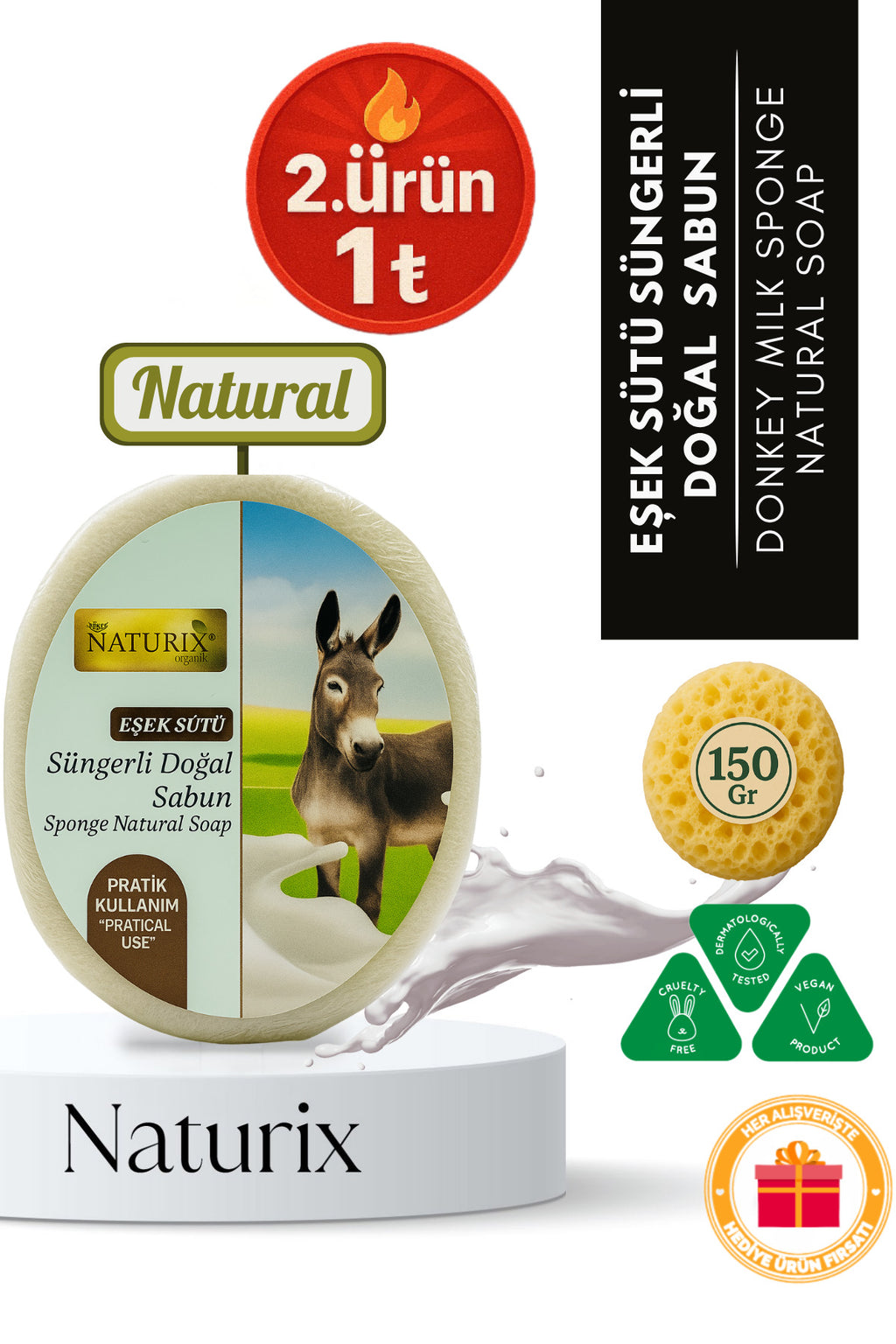 Eşek Sütü Süngerli Sabun 150 gr | Doğal Kurutucu Ve Cilt Pürüzsüzleştirici Sabun