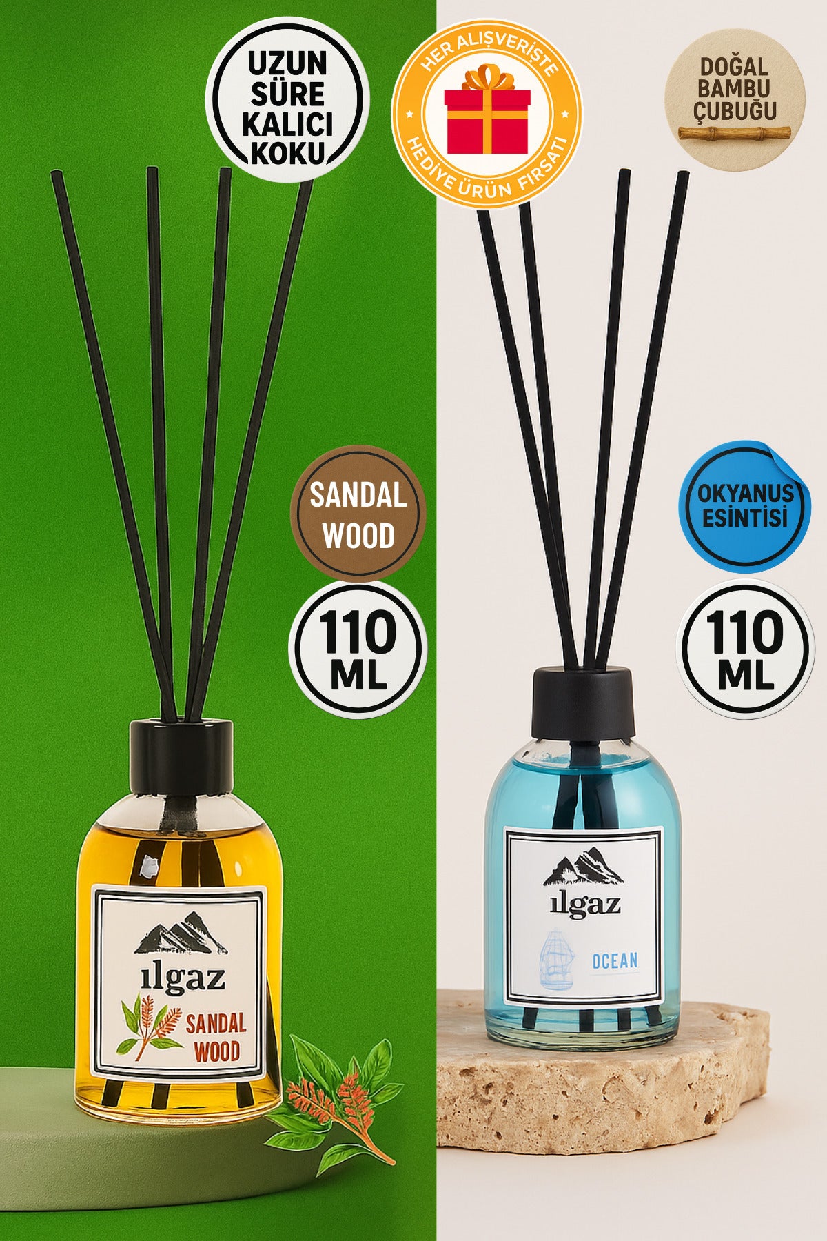 Sandal Ağacı Ve Okyanus Bambu Çubuklu Oda Kokusu 110 ml | 2'li Kalıcı Ve Doğal Ortam Kokusu Seti