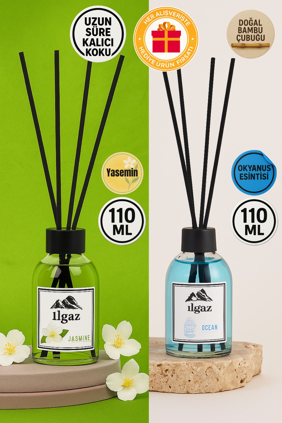 Jasmin Bambu Çubuklu Oda Kokusu 110 ml & Okyanus Bambu Çubuklu Oda Kokusu 110 ml | 2'li Ortam Kokusu