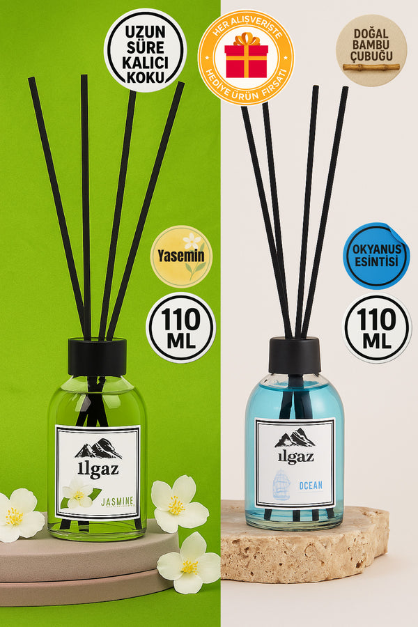 Jasmin Bambu Çubuklu Oda Kokusu 110 ml & Okyanus Bambu Çubuklu Oda Kokusu 110 ml | 2'li Ortam Kokusu