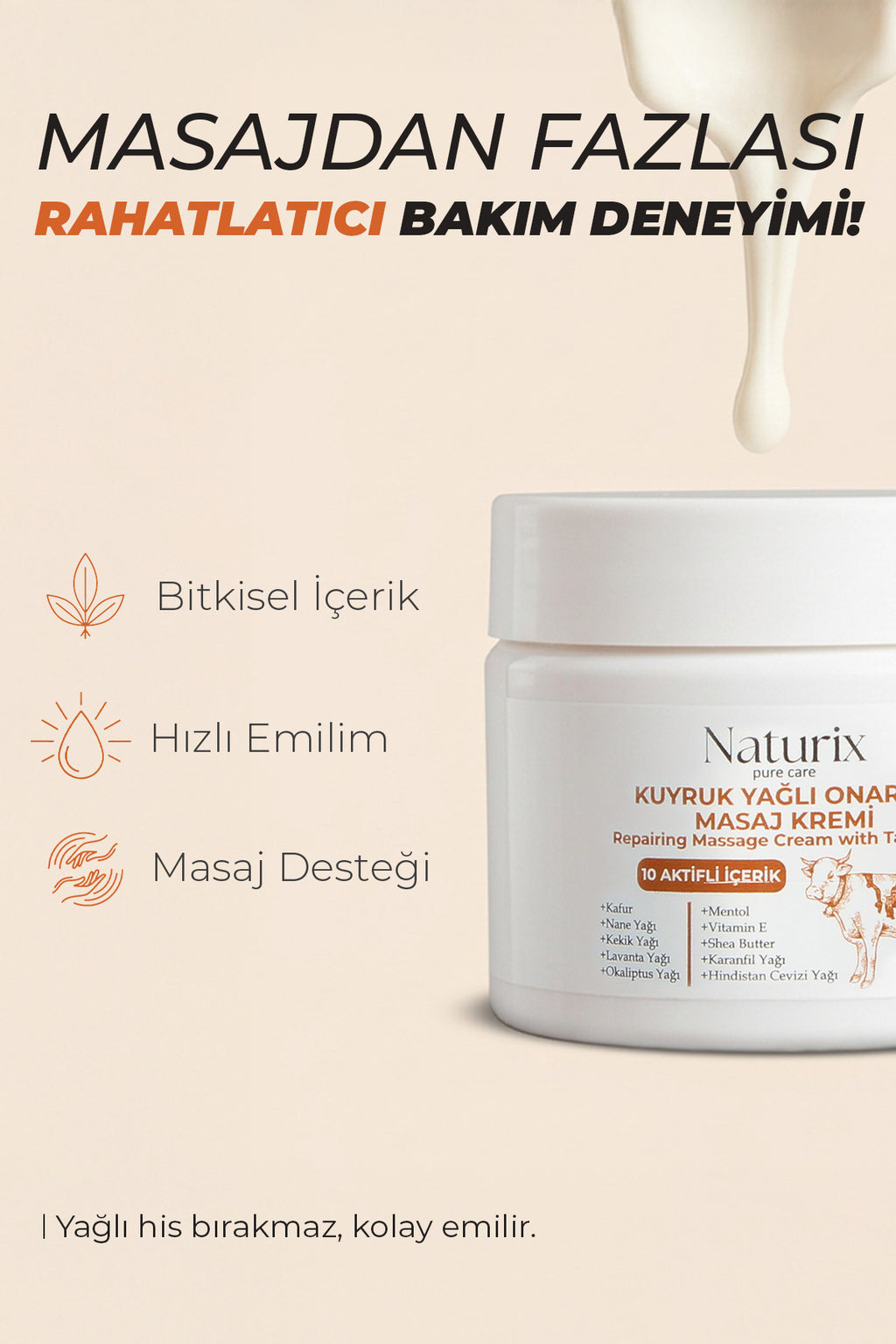 Kuyruk Yağlı Masaj Kremi 100 ml – 10 Bitkisel Aktifli İçerik Rahatlatıcı Bakım Kremi