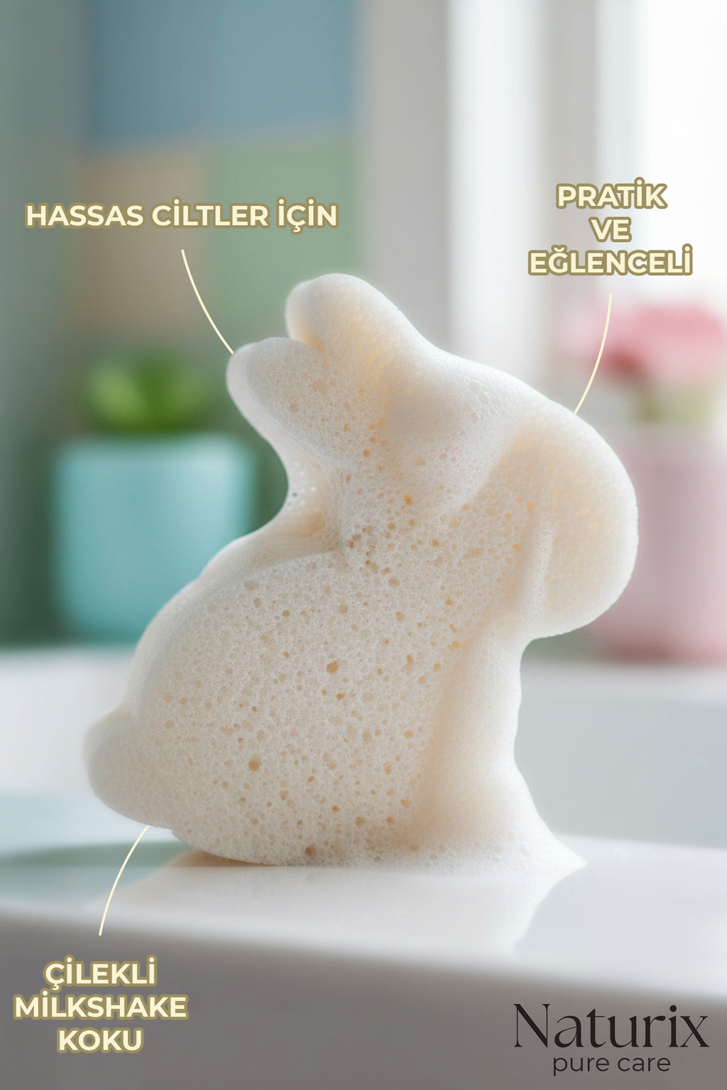 Çilekli Milkshake Kokulu Tavşan Görünümlü Süngerli Çocuk Sabunu 130 gr