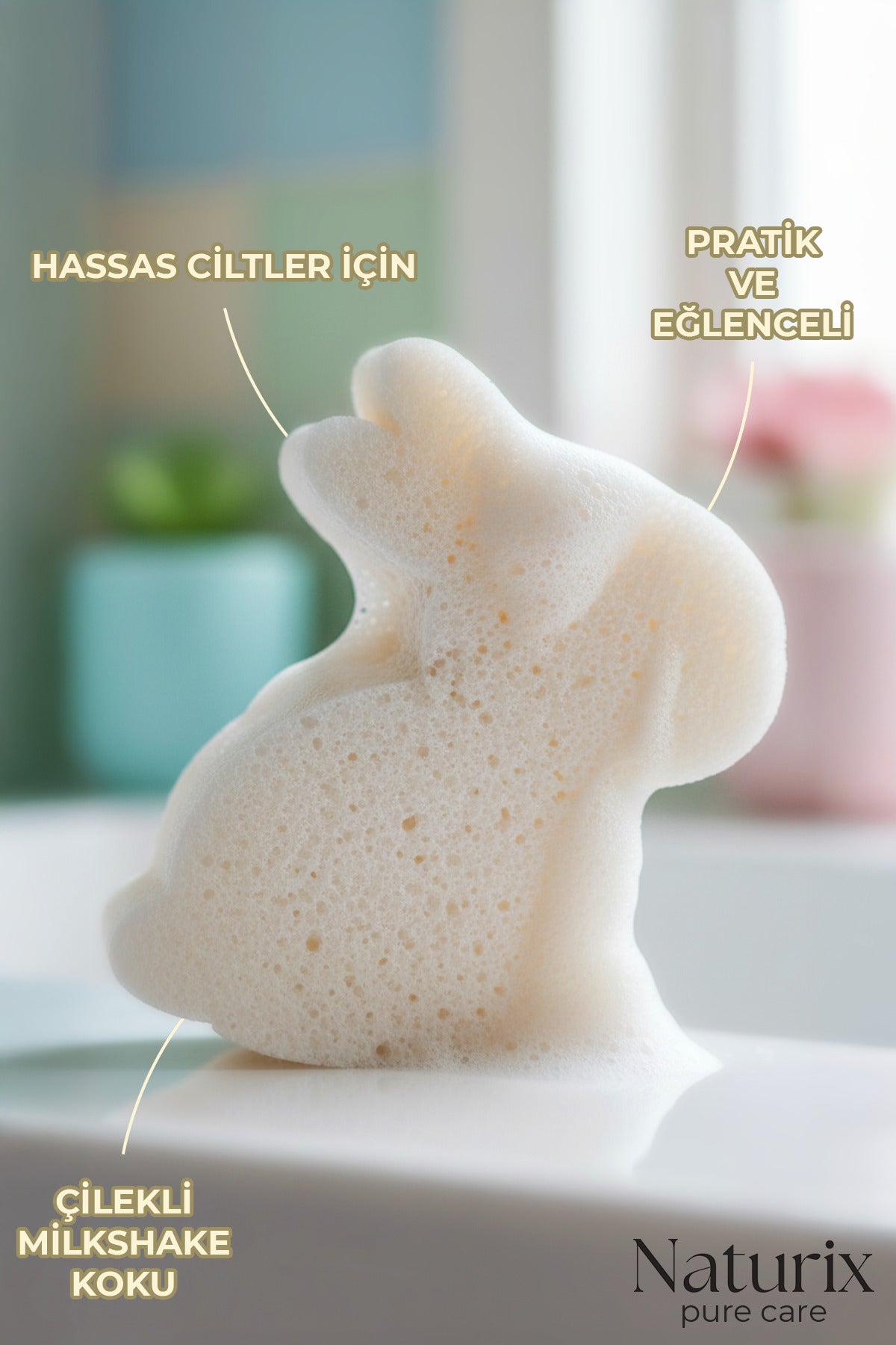 Çilekli Milkshake Kokulu Tavşan Görünümlü Süngerli Çocuk Sabunu 130 gr