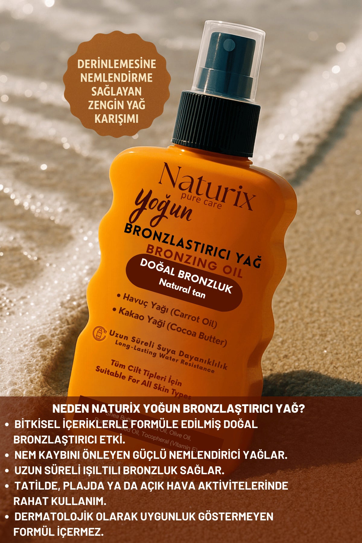 Yoğun Bronzlaştırıcı Yağ | Havuç & Kakao Yağı, Vitamin E, Tüm Cilt Tiplerine Uygun Sprey – 200 ml