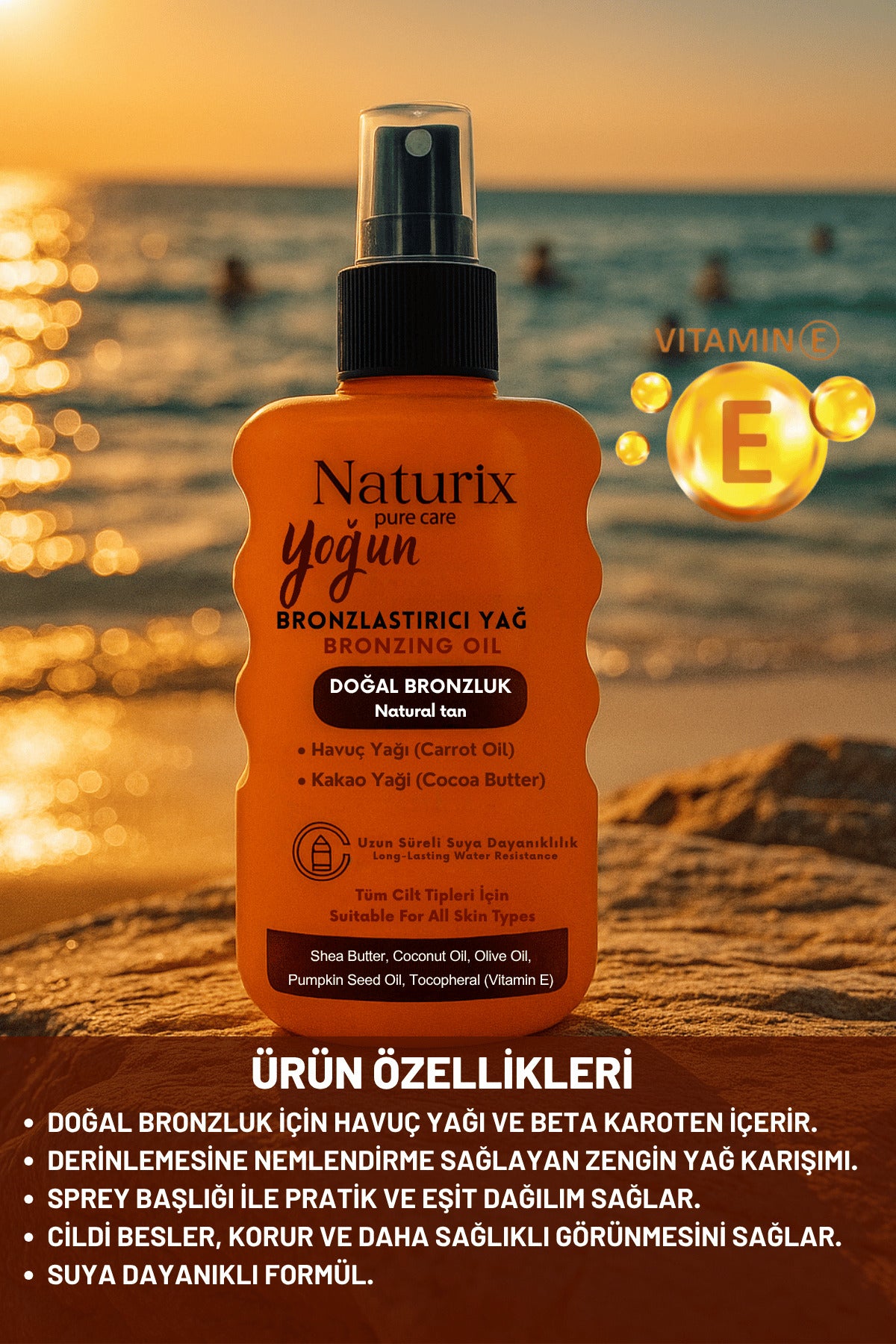 Yoğun Bronzlaştırıcı Yağ | Havuç & Kakao Yağı, Vitamin E, Tüm Cilt Tiplerine Uygun Sprey – 200 ml