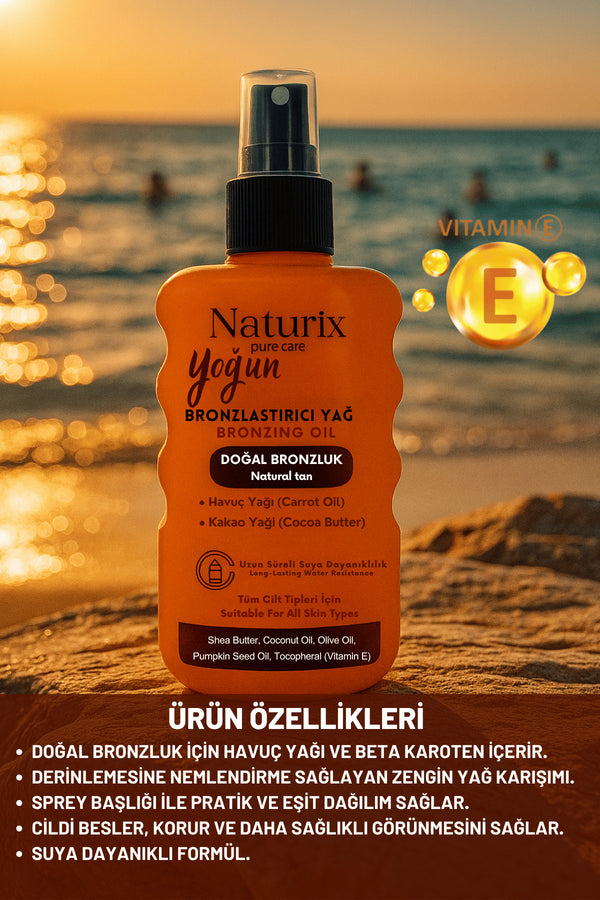 Yoğun Bronzlaştırıcı Yağ | Havuç & Kakao Yağı, Vitamin E, Tüm Cilt Tiplerine Uygun Sprey – 200 ml