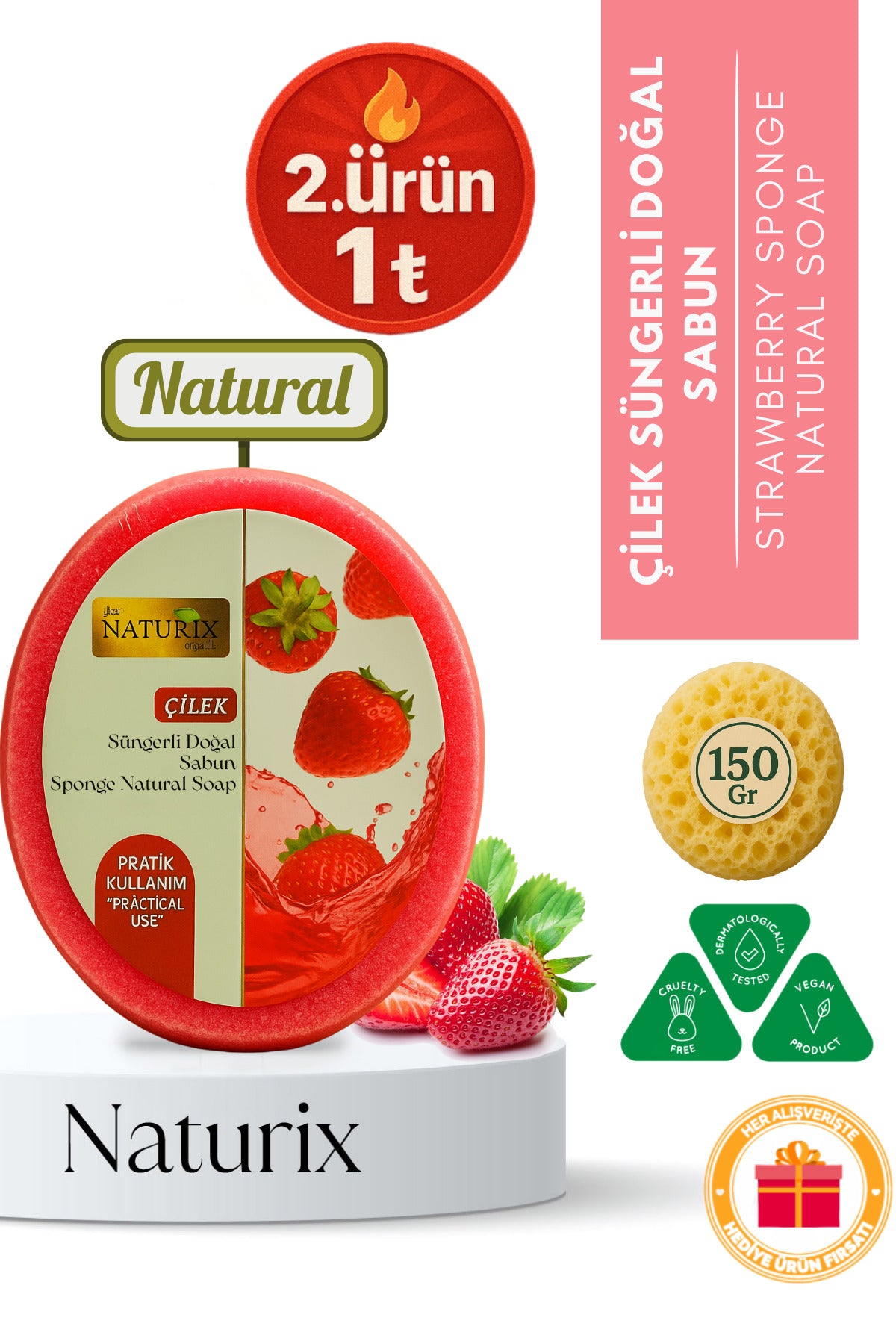 Çilek Süngerli Sabun 150 gr | Doğal Çilek Soap | Peeling Etkili Cilt Arındırıcı
