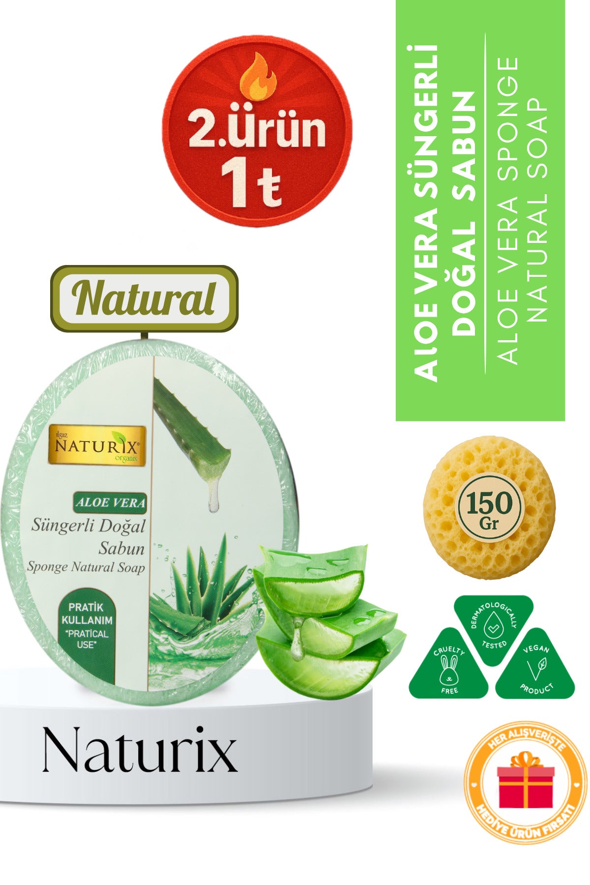Aloe Vera Süngerli Sabun 150 gr | Kuru Ciltler Için Nemlendirici Ve Kurutucu
