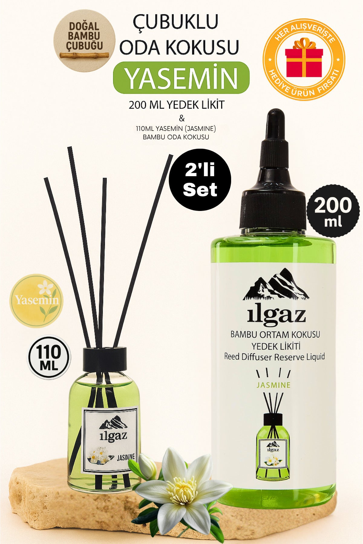 Yasemin Çiçeği Bambu Çubuklu Oda Kokusu 110 ml & Yasemin Çiçeği Yedek Likit Şişe 200 ml