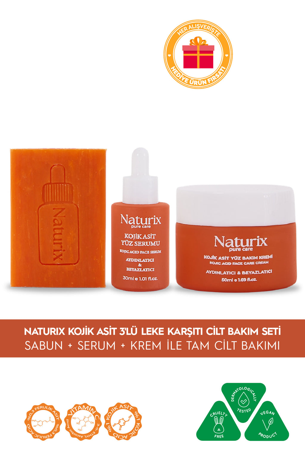 Kojik Asitli 3'lü Leke Karşıtı Cilt Bakım Seti | Sabun 100 gr + Serum 30ml + Krem 50 ml