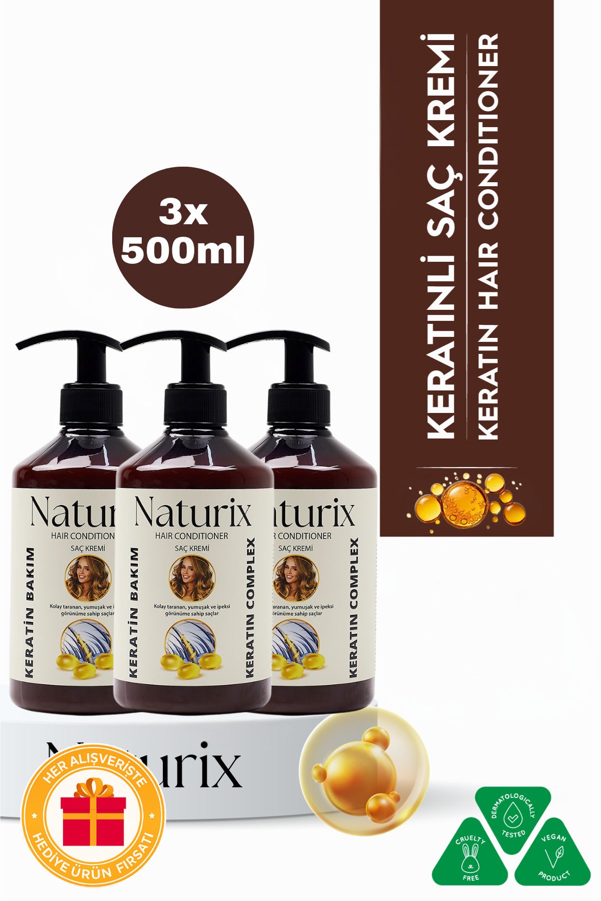 Keratin Bakım Tuzsuz Saç Kremi 500 ml - 3'lü Eko Paket Yıpranmış Saçlar Için
