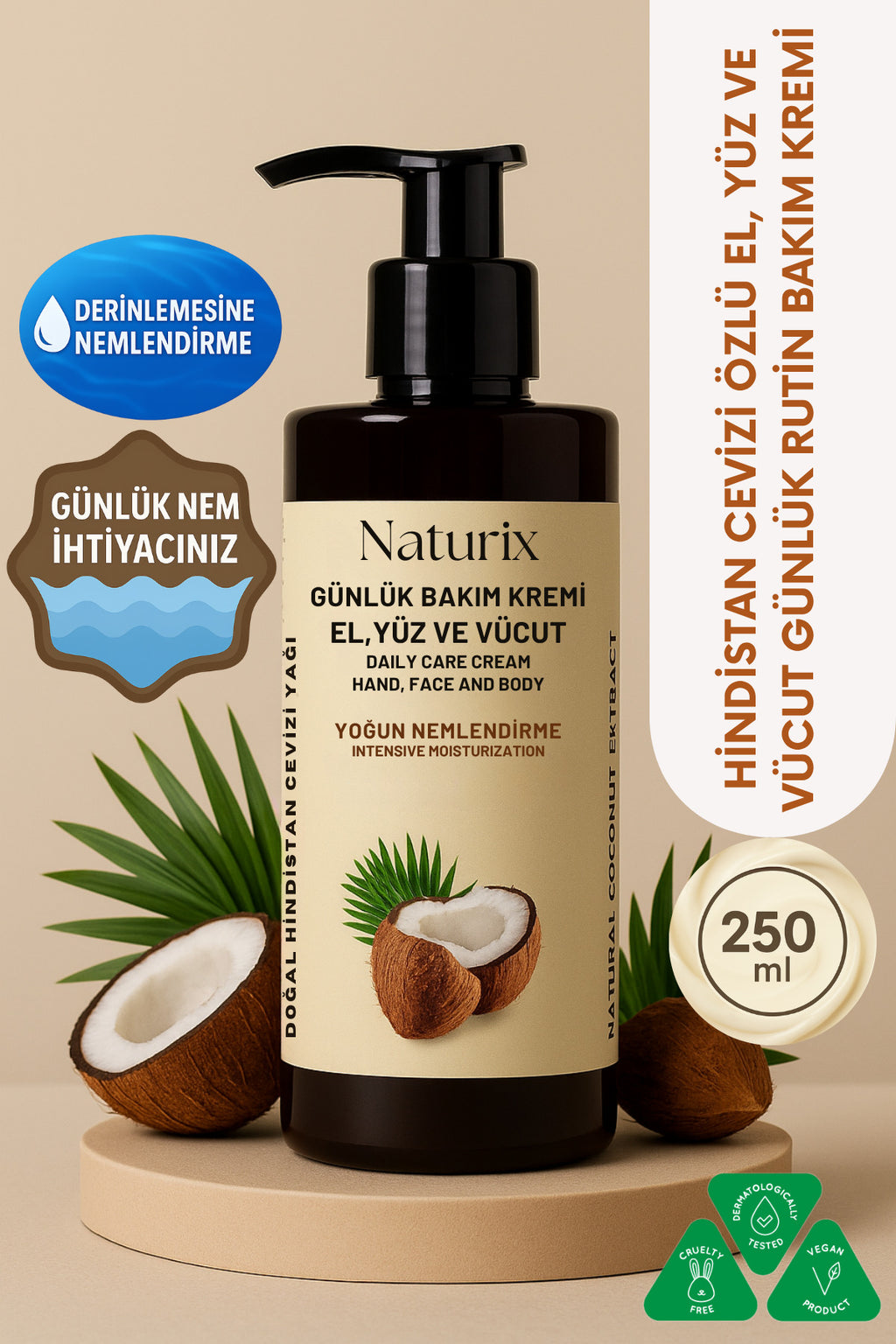 Hindistan Cevizi Özlü El, Yüz Ve Vücut Bakım Kremi 250 ml | Nemlendirici Ve Onarıcı Vücut Losyonu