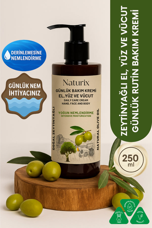 Zeytinyağlı Nemlendirici Krem 250 ml – El, Yüz & Vücut Losyonu Hassas Ciltler Için Besleyici