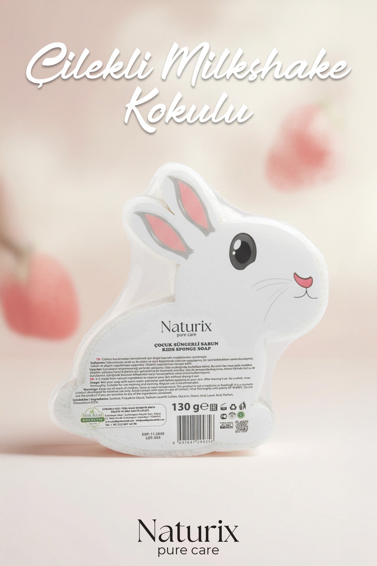 Çilekli Milkshake Kokulu Tavşan Görünümlü Süngerli Çocuk Sabunu 130 gr