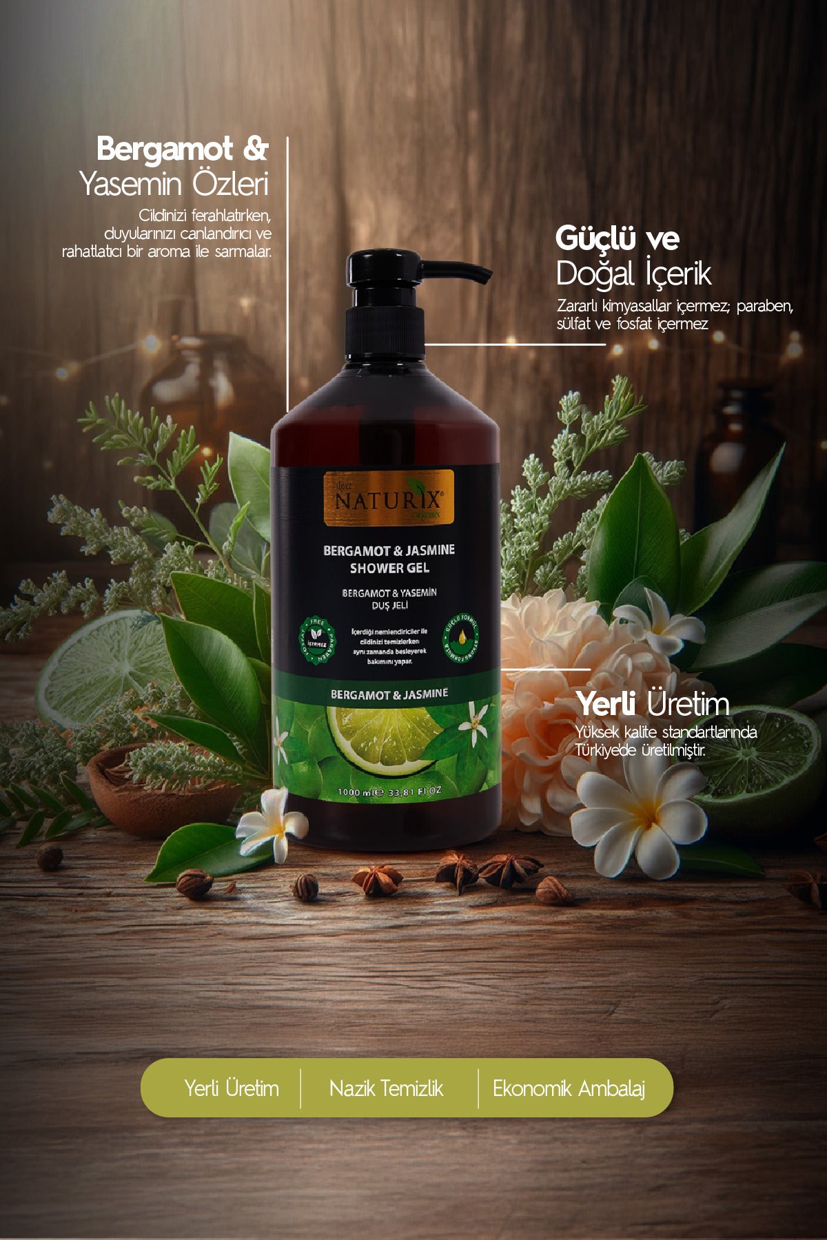 Bergamot & Yasemin Duş Jeli - Ferahlatıcı, Aromatik ve Nemlendirici Günlük Temizlik Jeli 1000ml