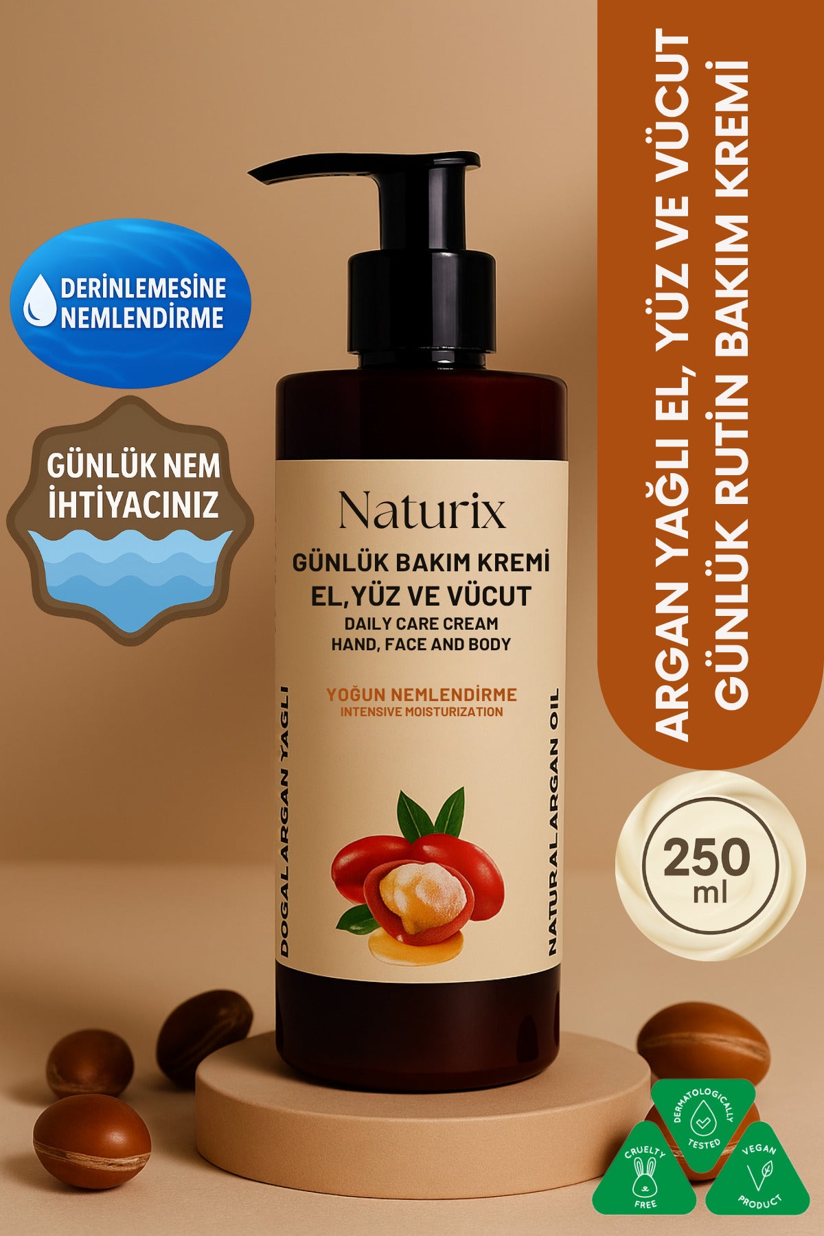 Argan Yağlı Günlük Bakım Kremi El, Yüz Vücut Losyonu 250 ml Nemlendirici Bariyer Krem