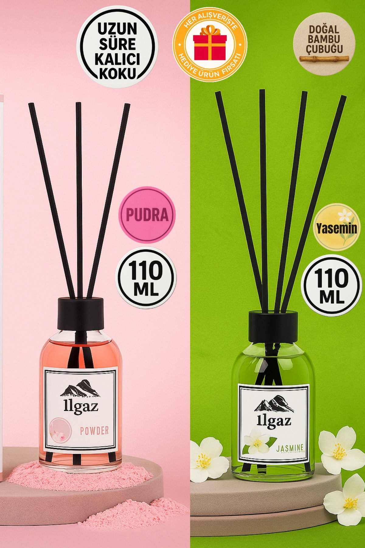Pudra Bambu Çubuklu Oda Kokusu 110 ml & Jasmine Bambu Çubuklu Oda Kokusu 110 ml | 2'li Ortam Kokusu