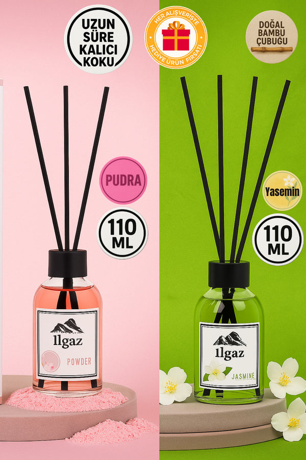 Pudra Bambu Çubuklu Oda Kokusu 110 ml & Jasmine Bambu Çubuklu Oda Kokusu 110 ml | 2'li Ortam Kokusu