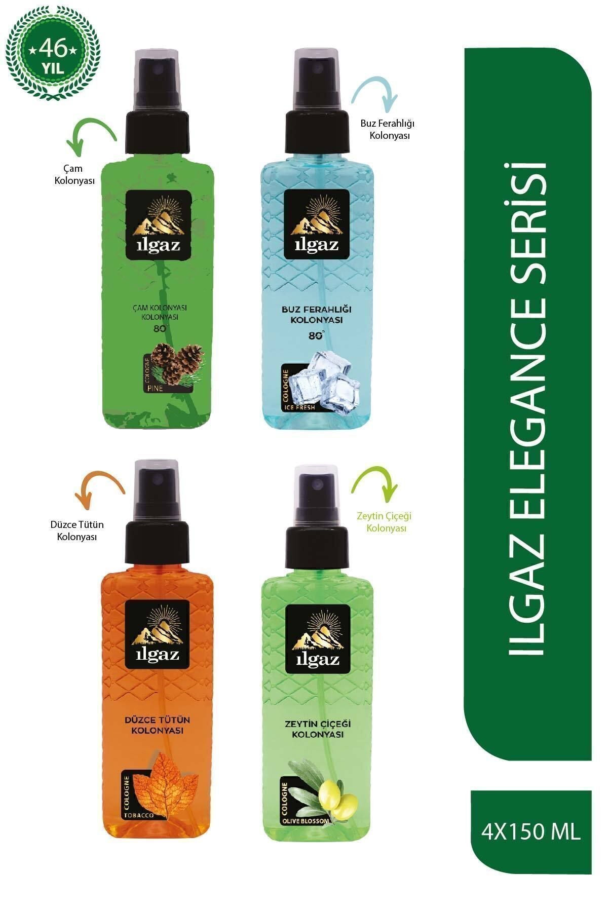 Çam & Buz Ferahlığı & Tütün & Zeytin Çiçeği Kolonyası 150 ml - Elegance Series 4'lü Kolonya Seti