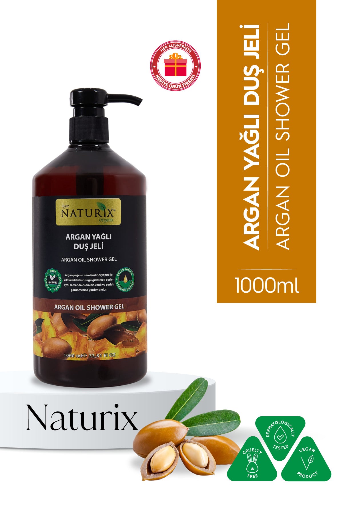 Argan Yağlı Duş Jeli - Nemlendirici, Besleyici ve Işıltı Veren Günlük Vücut Temizleyici 1000ml