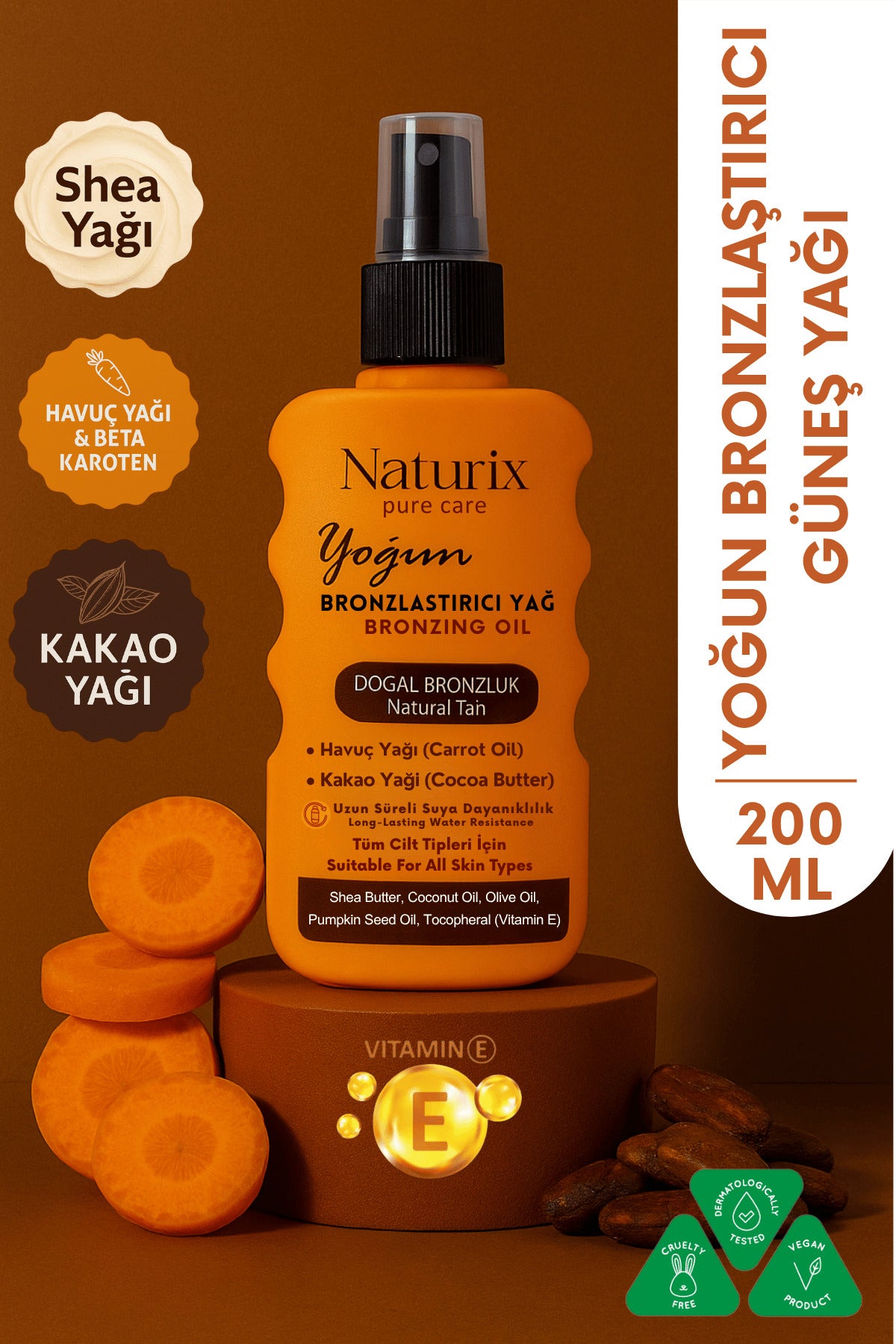 Yoğun Bronzlaştırıcı Yağ | Havuç & Kakao Yağı, Vitamin E, Tüm Cilt Tiplerine Uygun Sprey – 200 ml