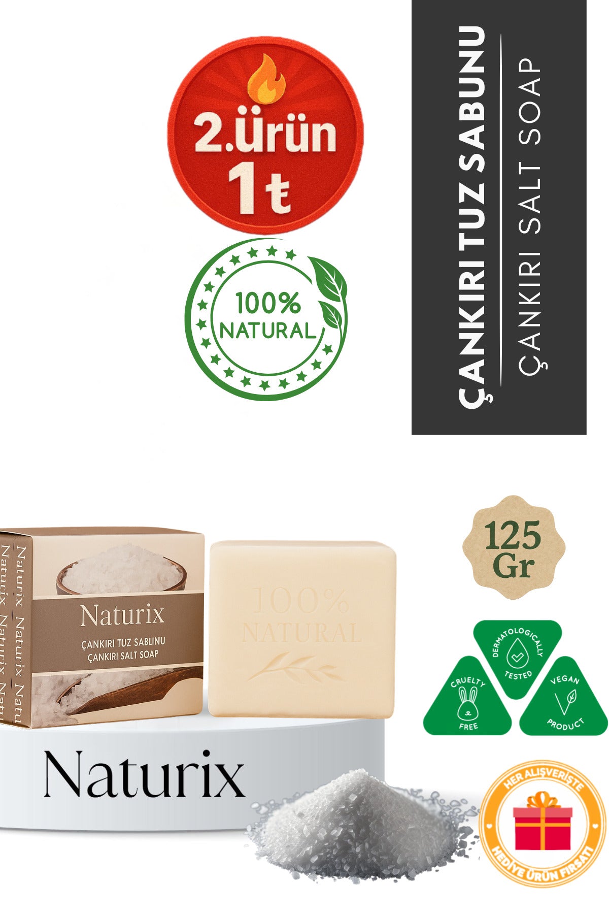 Çankırı Tuz Sabunu 125 gr | Arındırıcı, Gözenek Sıkılaştırıcı ve Ferahlatıcı Cilt Bakımı Sabunu