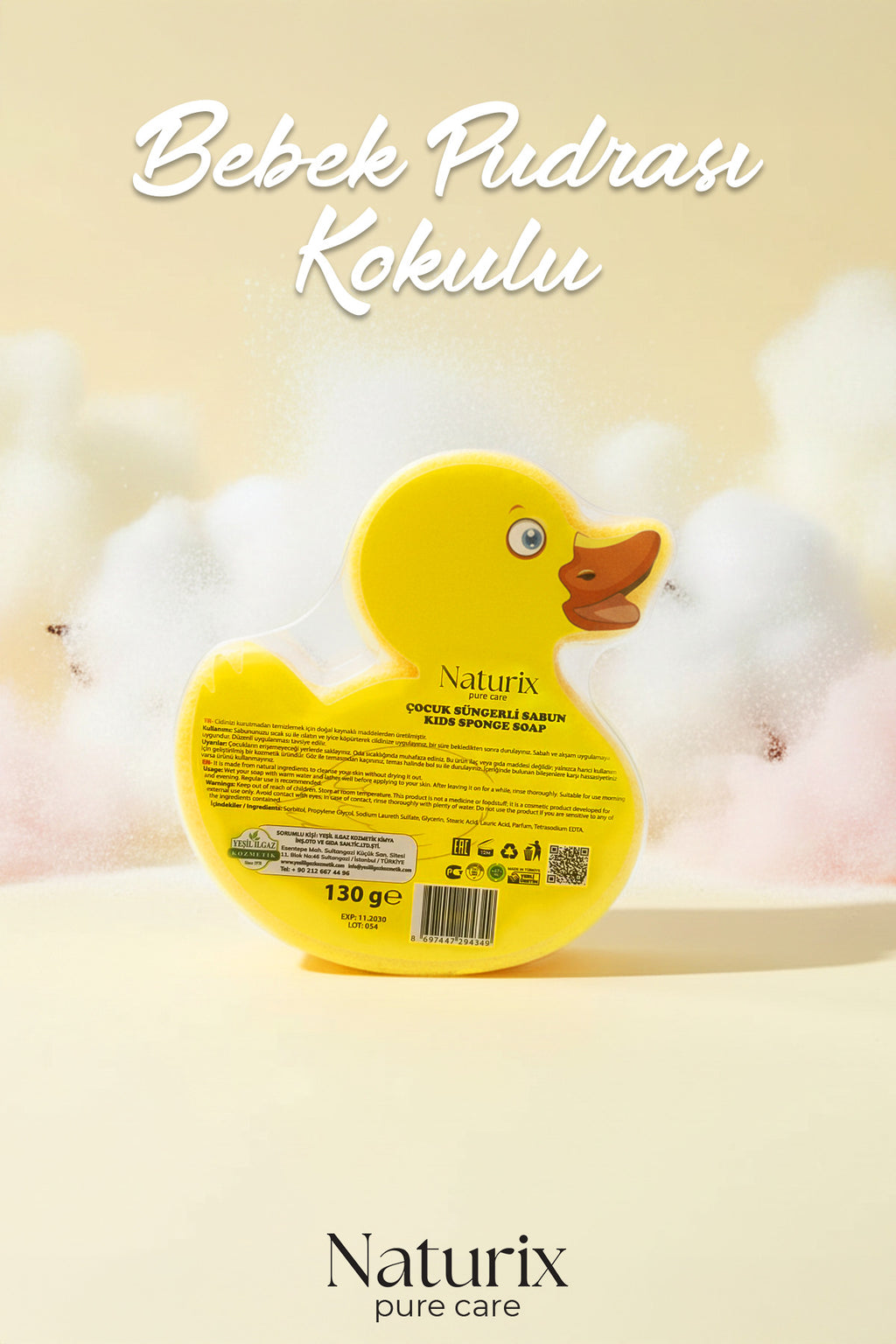 Pudra Kokulu Ördek Görünümlü Süngerli Çocuk Sabunu 130 gr