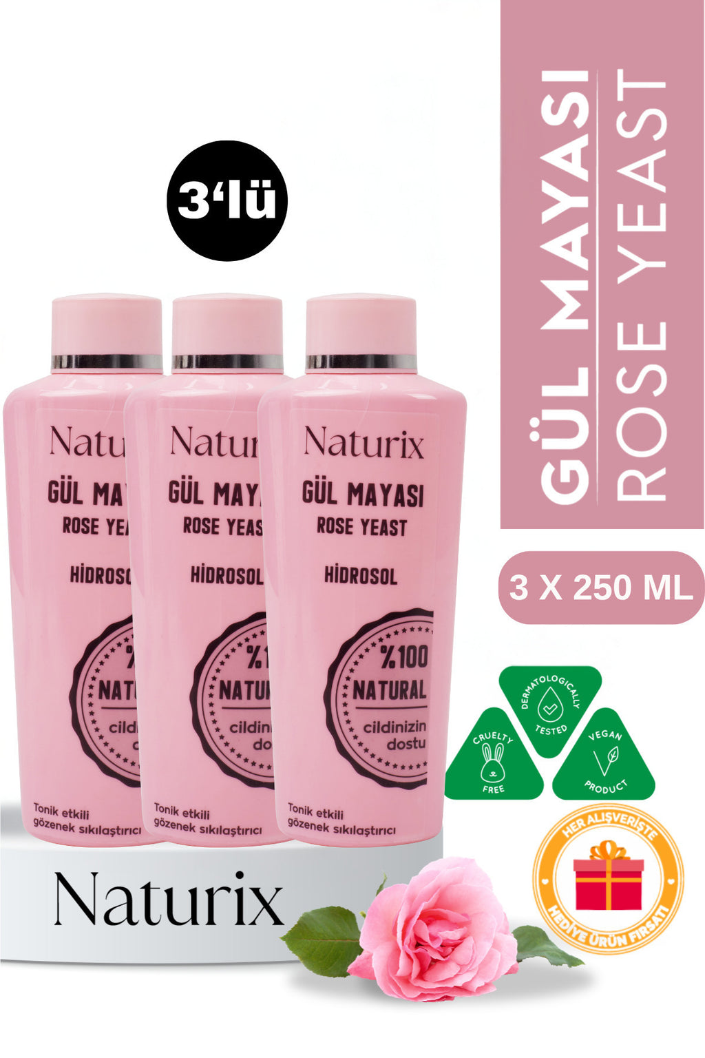 Akne Önleyici Gül Mayası 250 ml - 3'lü Eko Paket | Tonik Etkili Ve Gözenek Sıkılaştırıcı Gül Suyu