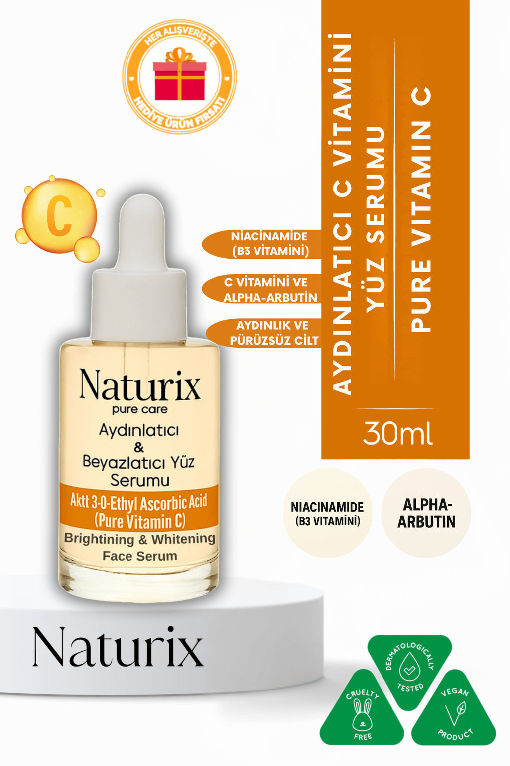 Aydınlatıcı ve Beyazlatıcı Yüz Serumu | C Vitamini | Alpha-Arbutin & Niacinamide | 30ml