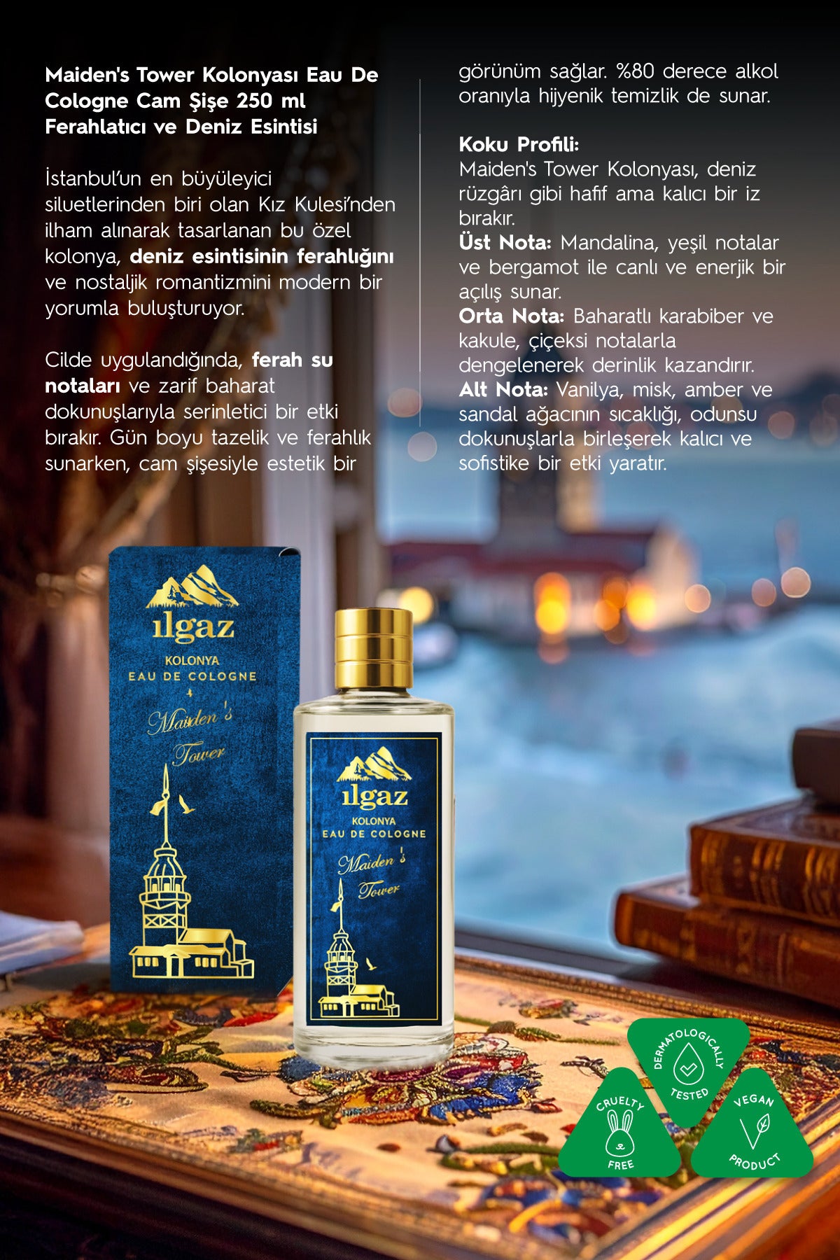 Kız Kulesi Kolonyası | Eau De Cologne Cam Şişe 250 ml | Türkiye Serisi Okyanus Ferahlığı Kokusu