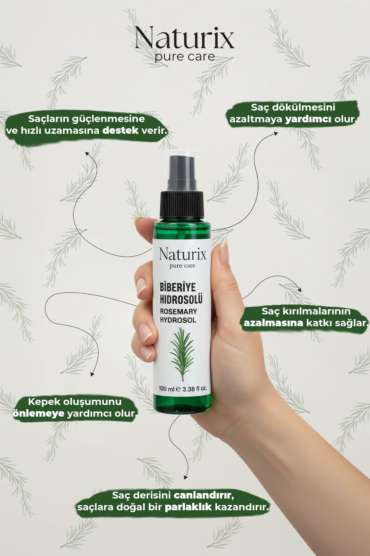 Biberiye Suyu %100 Doğal, Dökülme Karşıtı ve Saç Uzamasını Destekleyici Saç Toniği - 100 ml