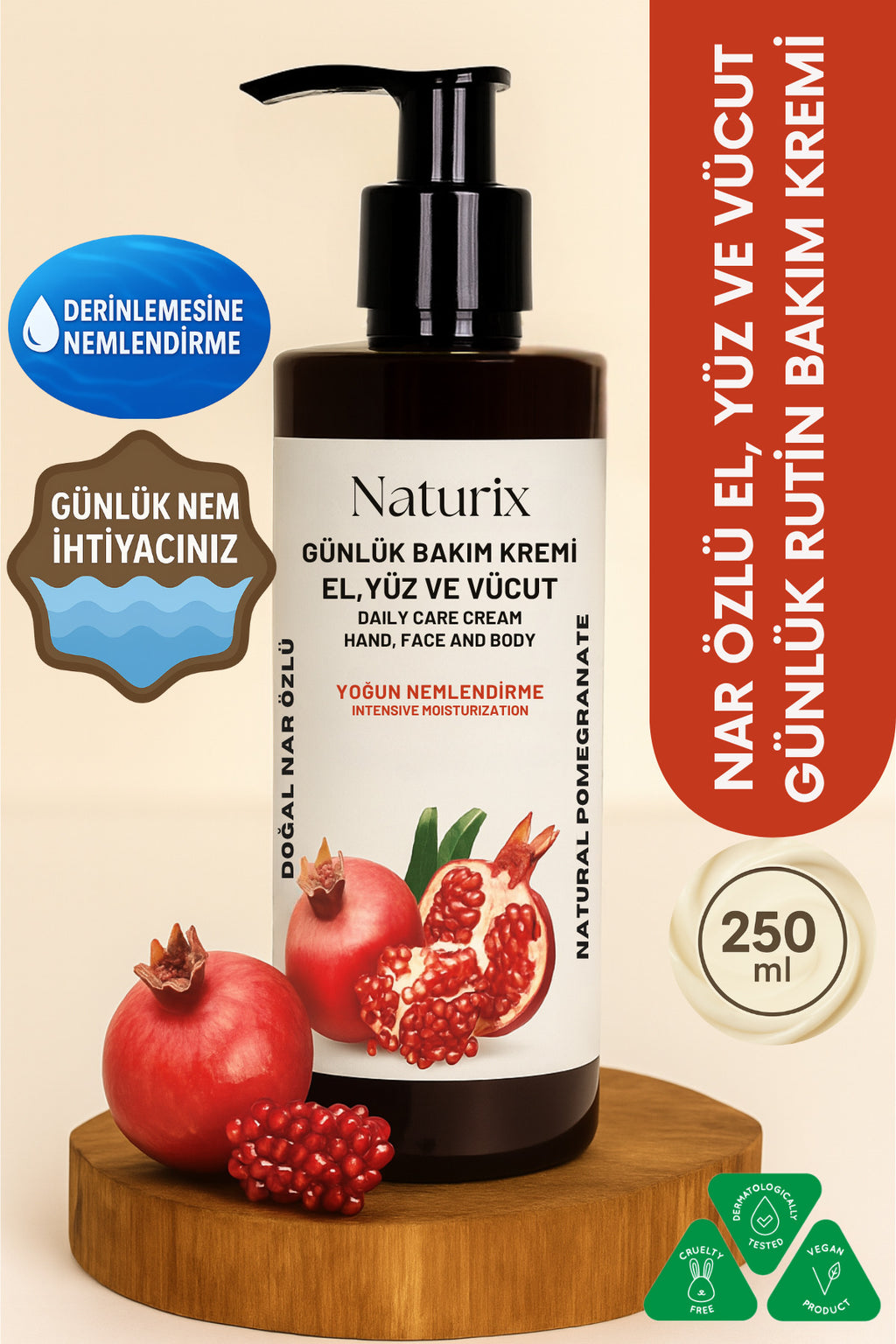Nar Özlü El, Yüz Ve Vücut Bakım Kremi 250 ml | Nemlendirici Ve Onarıcı Vücut Losyonu
